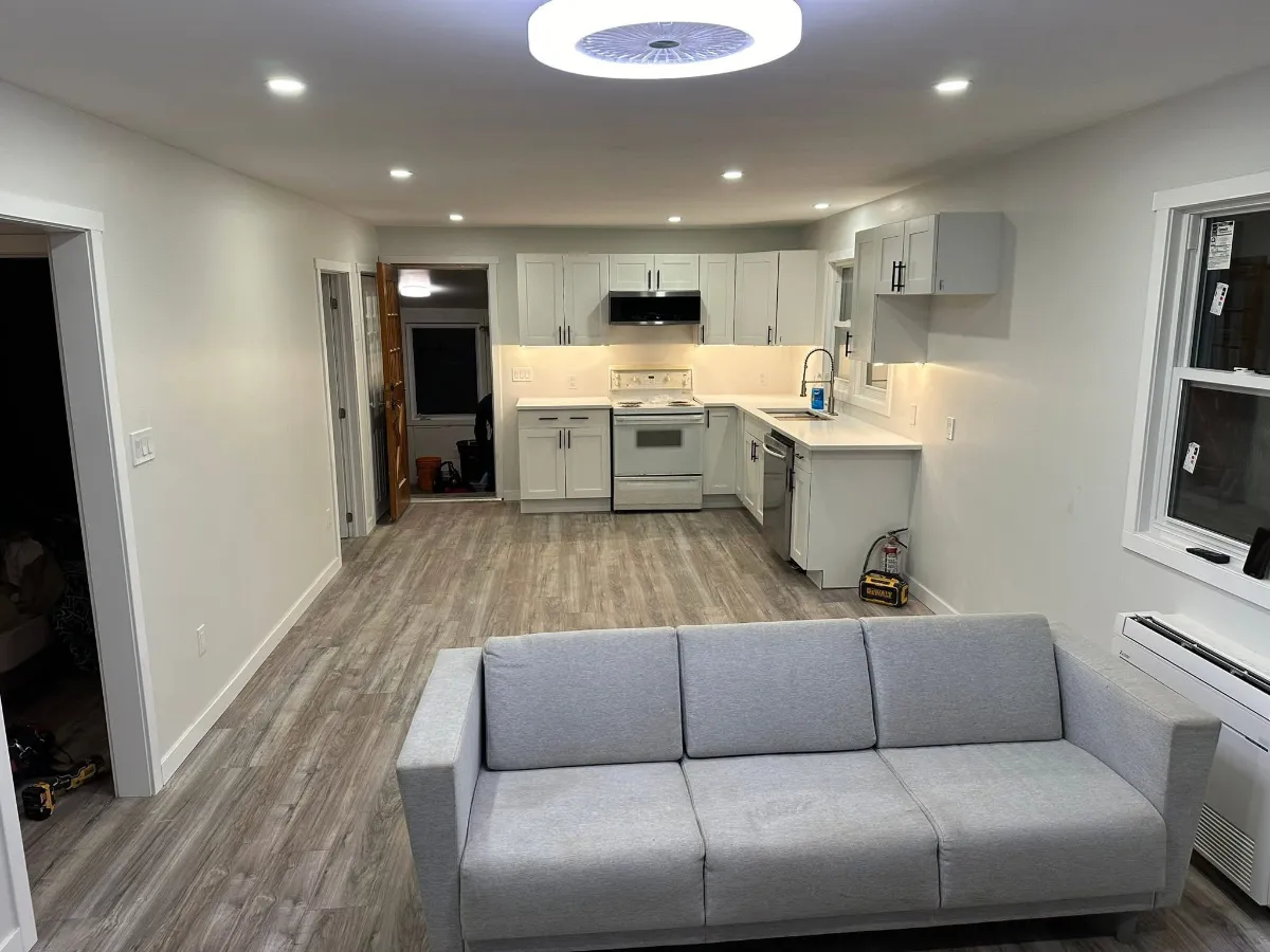 Full open concept renovation with flooring and pot lights